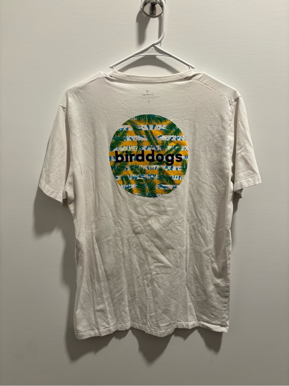 Birddogs White Tee with Green and Yellow Tropical Circle
